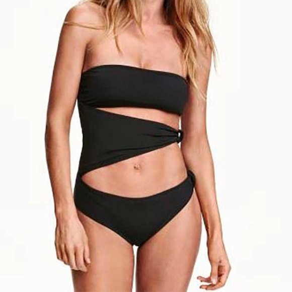 NWOT H&M Cut Out Strapless Black One Piece Swimsuit Size 6 - Picture 1 of 5